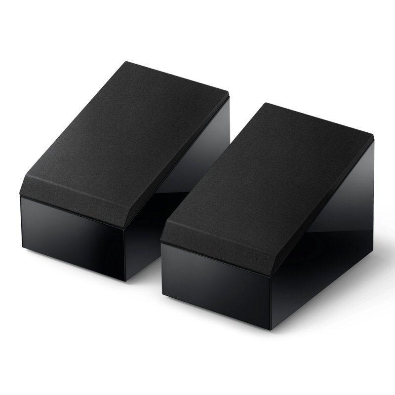 KEF R8 Meta Dolby Atmos Speakers Black Gloss (Pair) - front angle, grilles fitted
