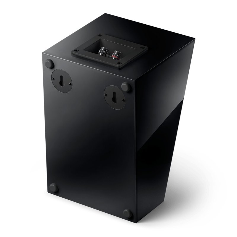 KEF R8 Meta Dolby Atmos Speakers Black Gloss (Pair) - rear panel of one unit, terminals and wall-mount keyholes