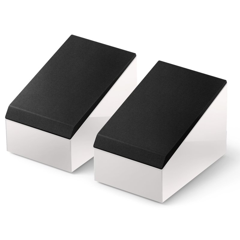 KEF R8 Meta Dolby Atmos Speakers White Gloss (Pair) - front angle, grilles fitted