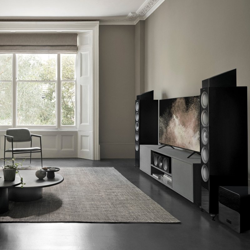 KEF R8 Meta Dolby Atmos Speakers White Gloss (Pair) - lifestyle, R8 Meta shown in Black Gloss as height modules on top of KEF R11 Meta in a home cinema system