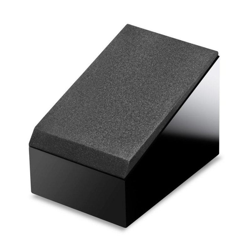KEF R8a Dolby Atmos Speaker Gloss Black — grille on, front angle