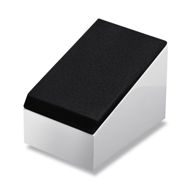 KEF R8a Dolby Atmos Speaker Gloss White — grille on, front angle