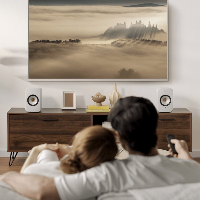 KEF LSX II Cotton White - lifestyle shot