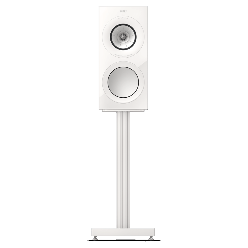 KEF S3 Floor Stand Mineral White with R3 Meta front view