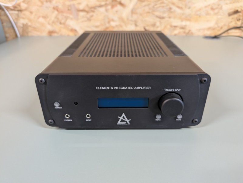 Leema Acoustics Elements Integrated Amplifier Black front view on desk