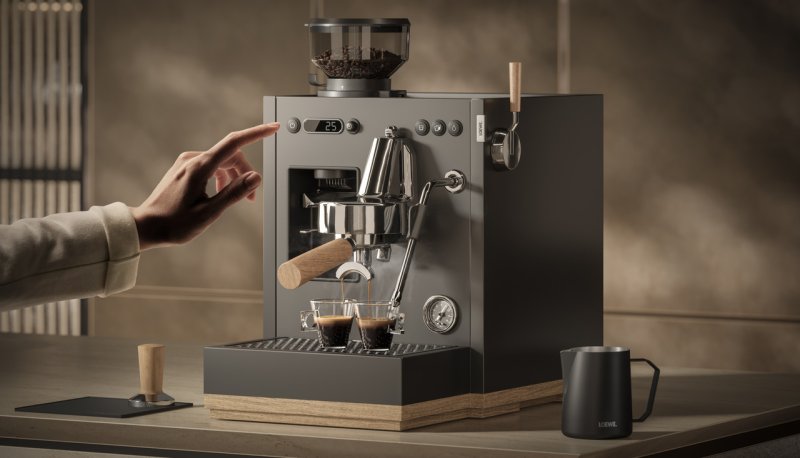 Loewe Aura Pure Espresso Machine in use with espresso shots