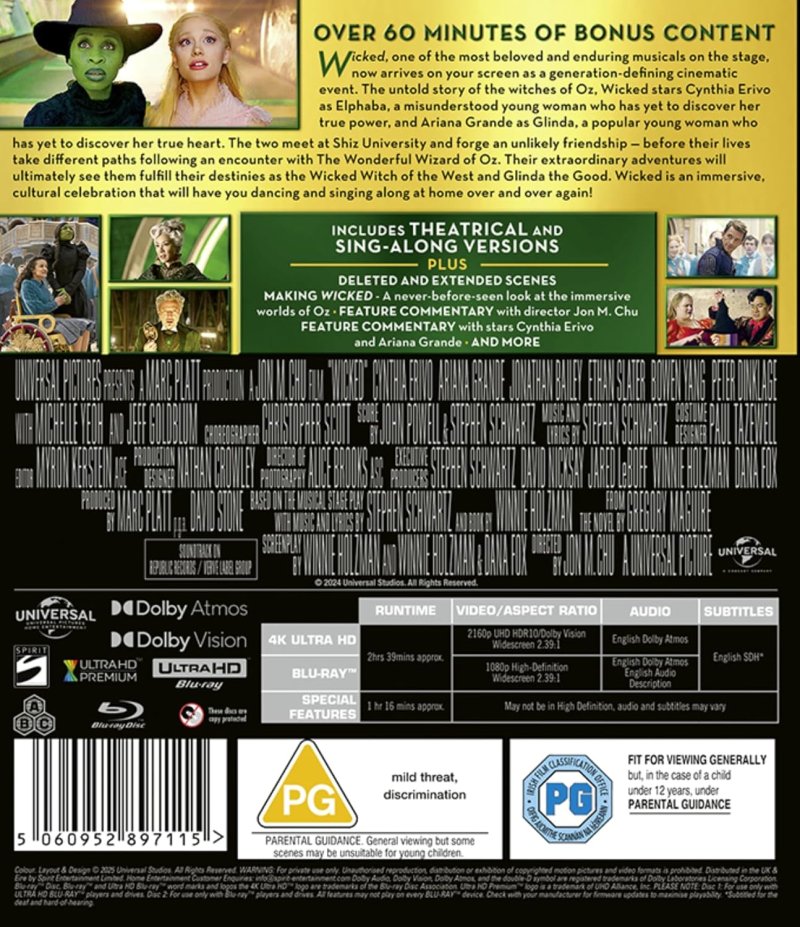 Wicked 4K Ultra HD Blu-Ray back cover