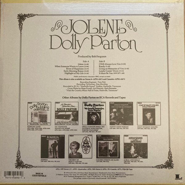 Dolly Parton - Jolene (LP) back cover with tracklist