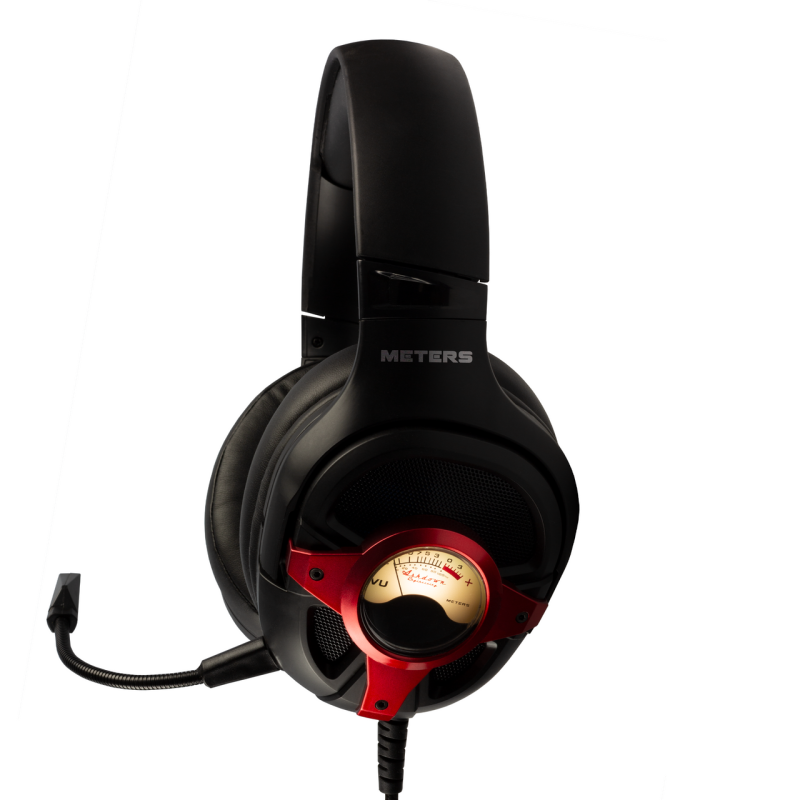 Meters Level Up Red Wired Gaming Headphones — side view showing VU meter