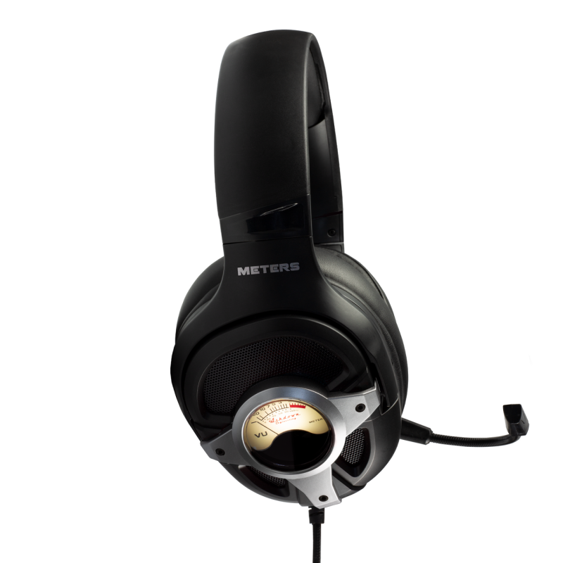 Meters Level Up Silver Wired Gaming Headphones — side view showing VU meter