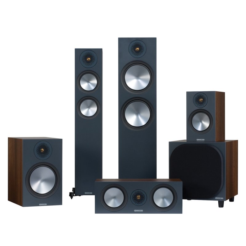 Monitor Audio Bronze 50 6G Atmos AV Speaker Package Walnut — Bronze 6G range group shot