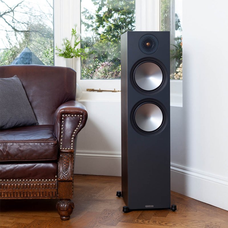 Monitor Audio Bronze 500 6G Floorstanding Speakers Walnut (Pair) — lifestyle (Black finish shown)