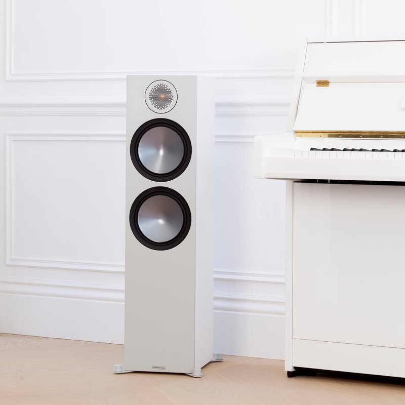 Monitor Audio Bronze 500 6G Floorstanding Speakers Walnut (Pair) — lifestyle (White finish shown)
