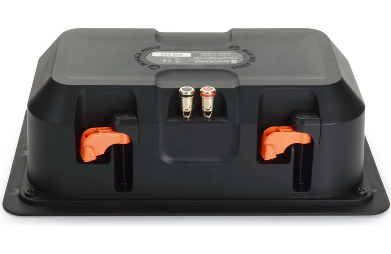 Monitor Audio CP-WT240-LCR in-wall speaker rear panel showing binding post terminals and Tri-Grip mounting clips