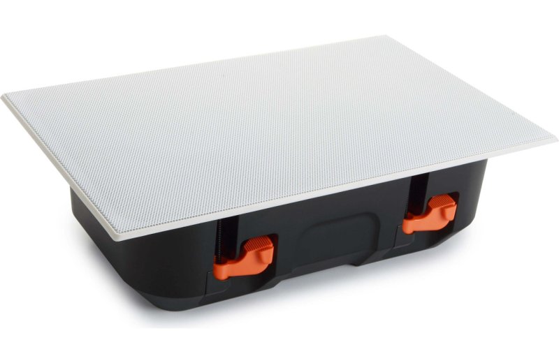 Monitor Audio CP-WT240-LCR in-wall speaker angled view with magnetic steel grille attached