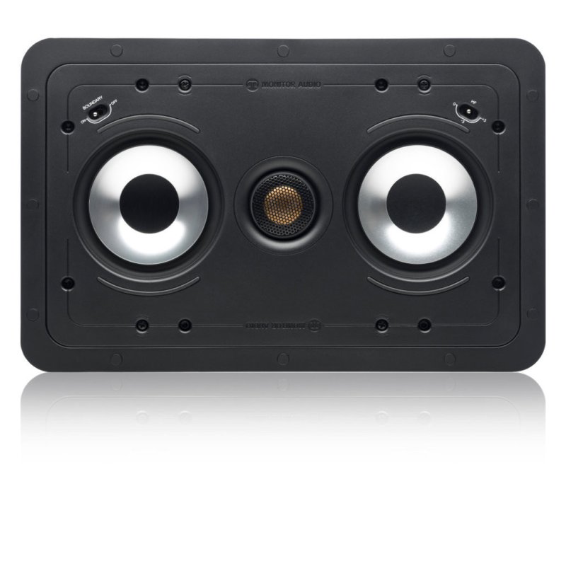 Monitor Audio CP-WT240-LCR in-wall speaker front view without grille showing twin 4-inch C-CAM bass drivers and gold dome tweeter
