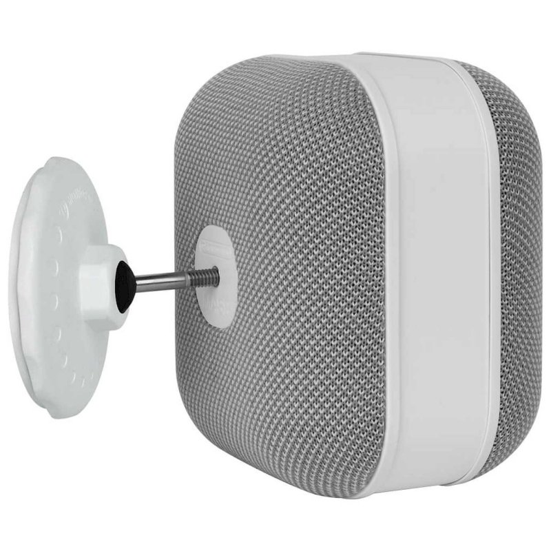 Monitor Audio MASM Mount shown in white holding a MASS Satellite speaker