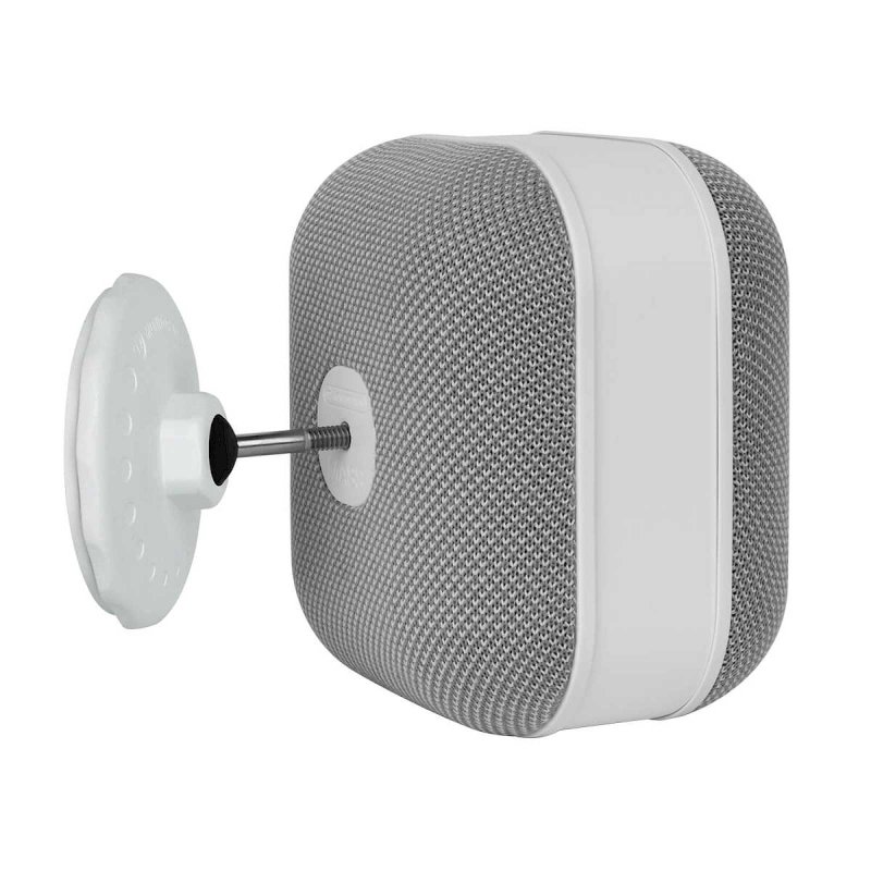 Monitor Audio MASM Mount shown in white holding a MASS Satellite speaker