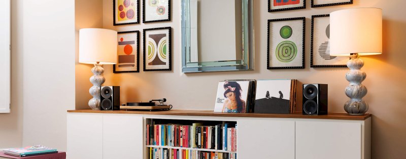 Monitor Audio Radius 3 4G High Gloss Black pair in a living room setting