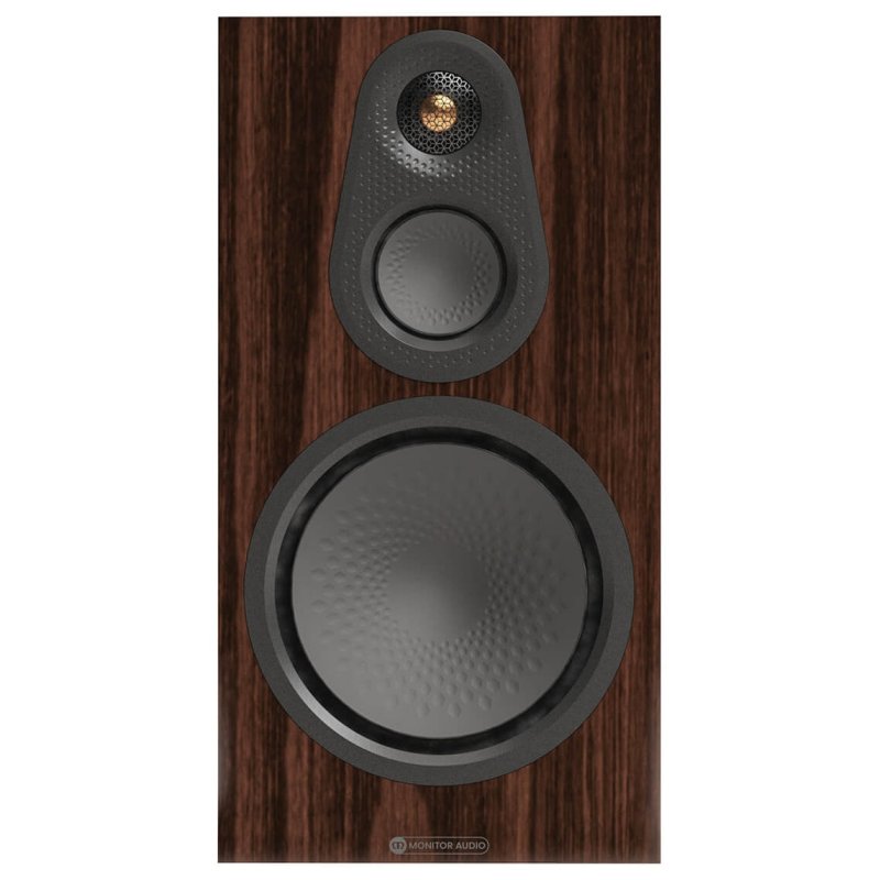 Monitor Audio Silver 100 8G European Walnut baffle detail showing 8-inch C-CAM bass driver, 3-inch midrange and Gold Dome tweeter