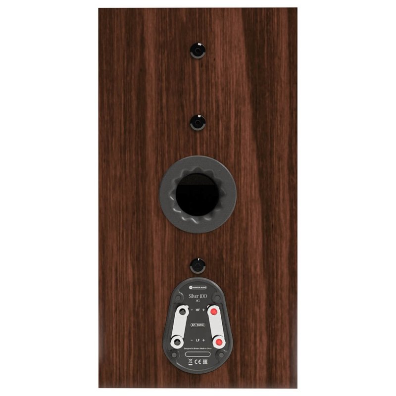 Monitor Audio Silver 100 8G rear panel showing Silent Flow port and bi-wire binding posts