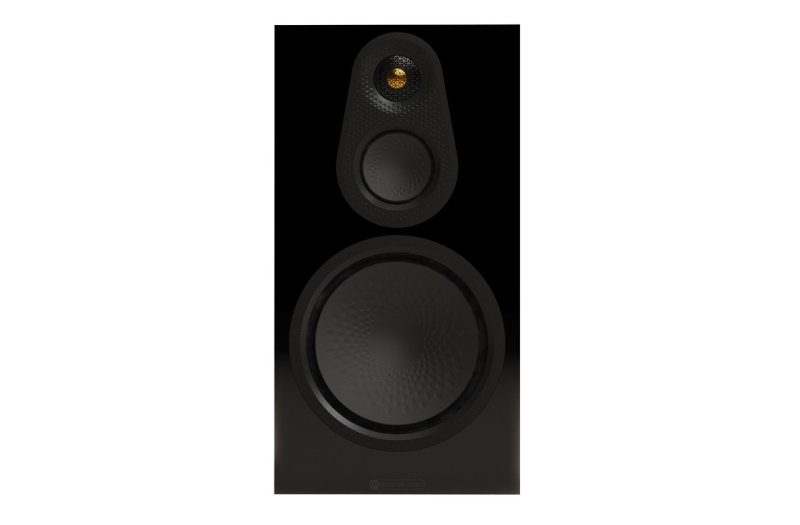 Monitor Audio Silver 100 8G High Gloss Black baffle detail showing 8-inch C-CAM bass driver, 3-inch midrange and Gold Dome tweeter