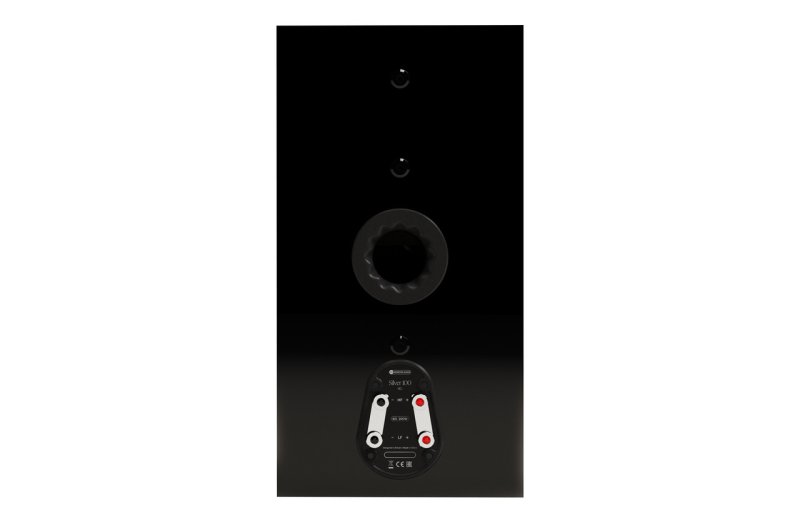 Monitor Audio Silver 100 8G High Gloss Black rear panel showing Silent Flow port and bi-wire binding posts