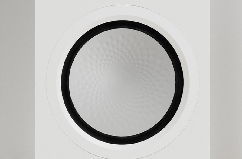 Monitor Audio Silver 100 8G Satin White close-up of the 8-inch C-CAM RST III bass driver