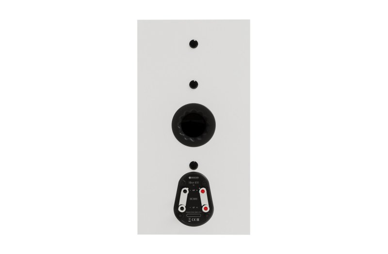 Monitor Audio Silver 100 8G Satin White rear panel showing Silent Flow port and bi-wire binding posts