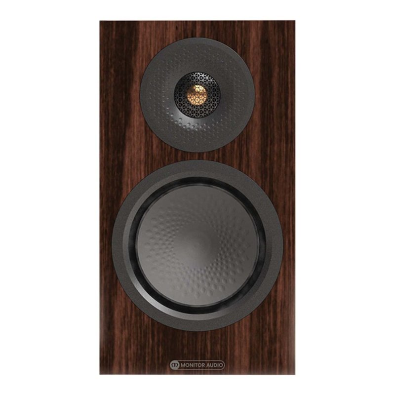 Monitor Audio Silver 50 8G in European Walnut, front view of a single speaker showing the tweeter and mid/bass driver