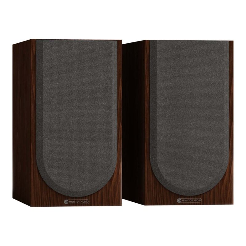 Monitor Audio Silver 50 8G bookshelf speakers in European Walnut, pair shown with the grilles fitted