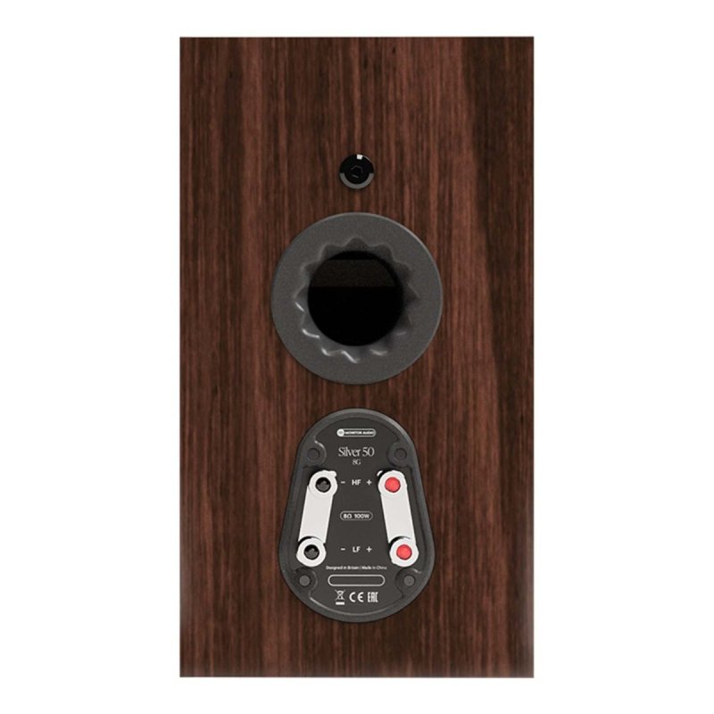 Monitor Audio Silver 50 8G in European Walnut, rear panel of a single speaker showing the bass port and bi-wire binding posts