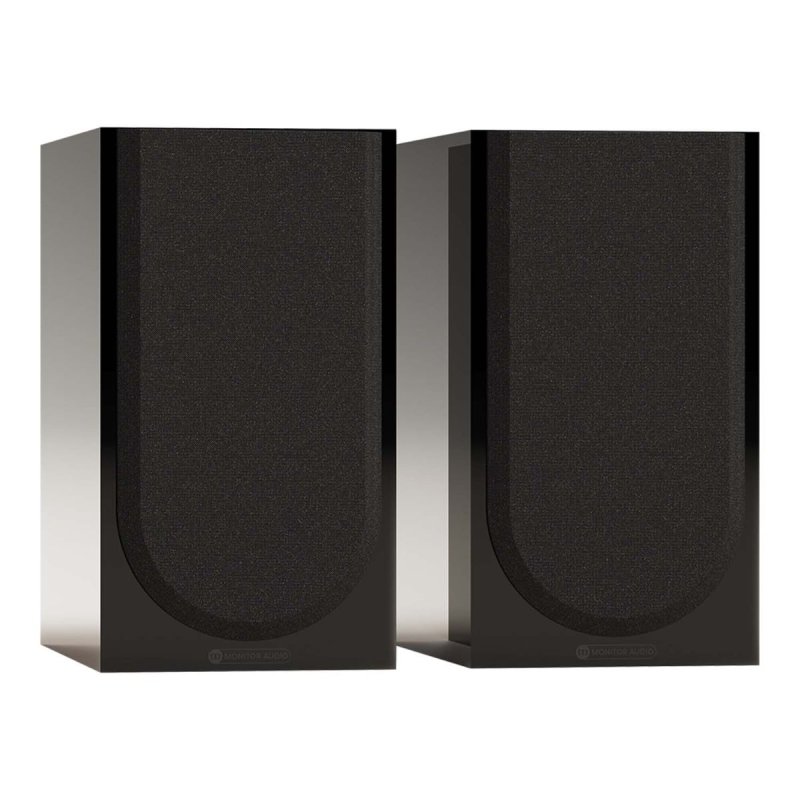 Monitor Audio Silver 50 8G bookshelf speakers in High Gloss Black, pair shown with the grilles fitted