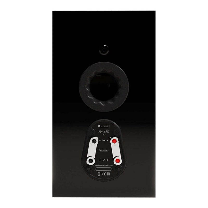Monitor Audio Silver 50 8G in High Gloss Black, rear panel of a single speaker showing the bass port and bi-wire binding posts