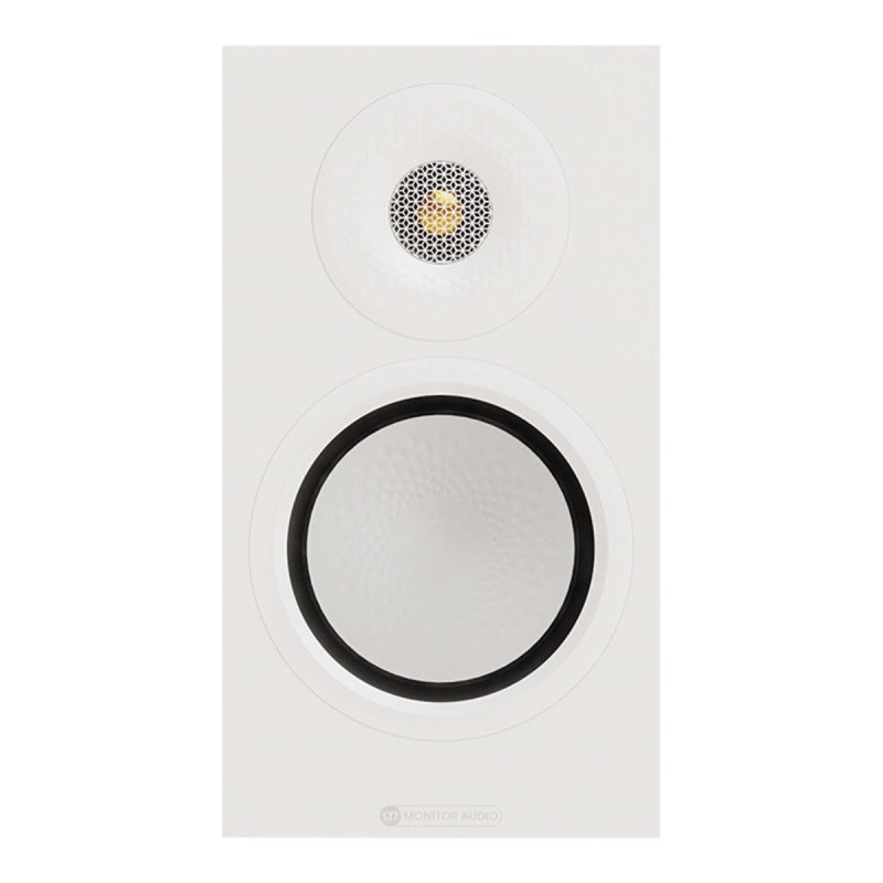 Monitor Audio Silver 50 8G in Satin White, front view of a single speaker showing the tweeter and mid/bass driver