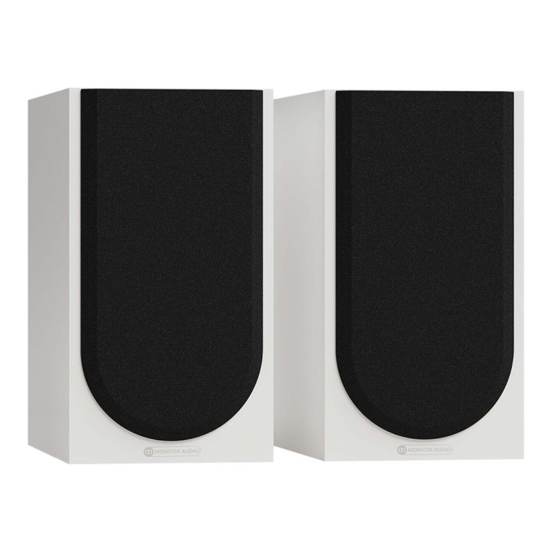 Monitor Audio Silver 50 8G bookshelf speakers in Satin White, pair shown with the grilles fitted