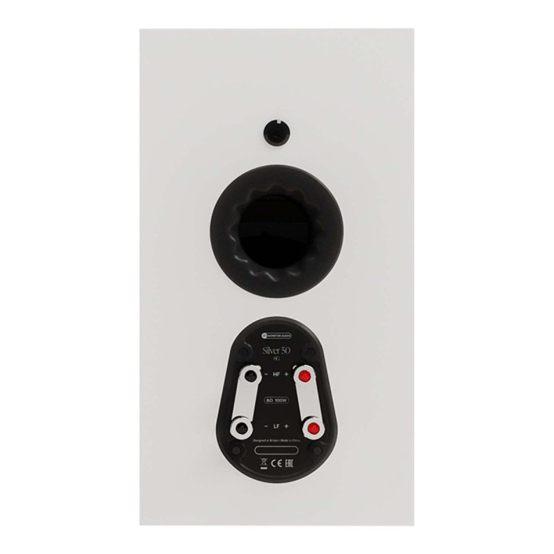 Monitor Audio Silver 50 8G in Satin White, rear panel of a single speaker showing the bass port and bi-wire binding posts