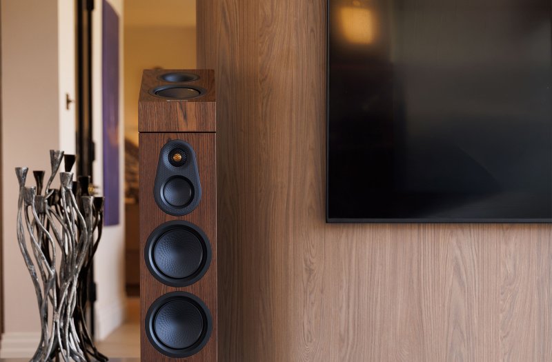 Monitor Audio Silver AMS 8G Atmos Speakers European Walnut (Pair) - shown on a Silver Series floorstander, grilles removed