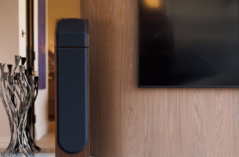 Monitor Audio Silver AMS 8G Atmos Speakers European Walnut (Pair) - shown on a Silver Series floorstander with grille fitted