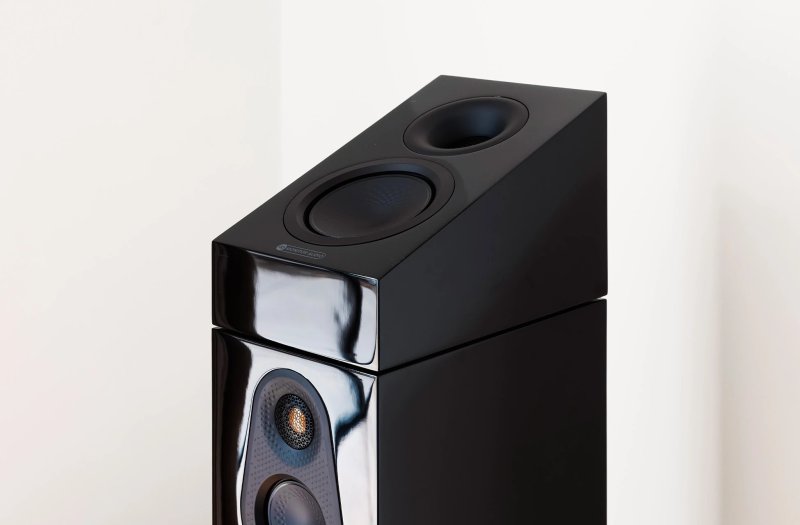 Monitor Audio Silver AMS 8G Atmos Speakers High Gloss Black (Pair) - mounted on top of Silver 300 8G