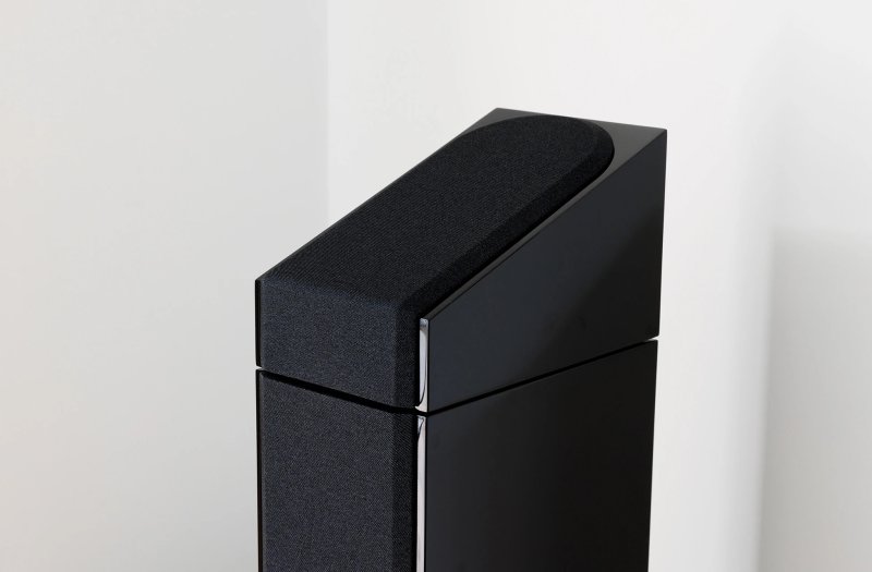 Monitor Audio Silver AMS 8G Atmos Speakers High Gloss Black (Pair) - mounted on top of Silver 300 8G with grille
