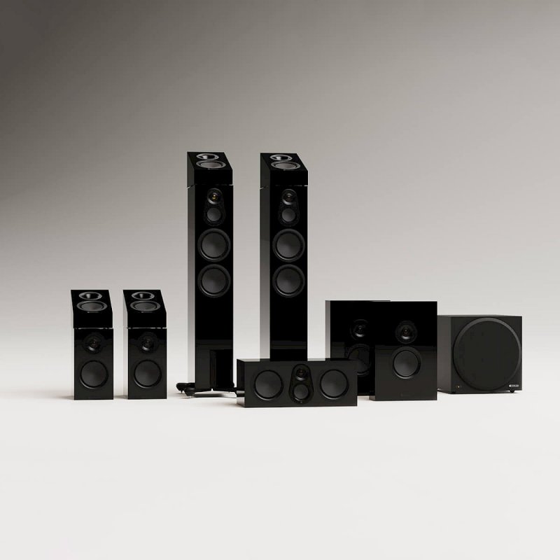 Monitor Audio Silver AMS 8G Atmos Speakers High Gloss Black (Pair) - shown in a Silver Series 8G home cinema system