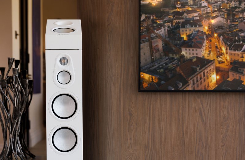 Monitor Audio Silver AMS 8G Atmos Speakers Satin White (Pair) - shown on a Silver Series floorstander, grilles removed