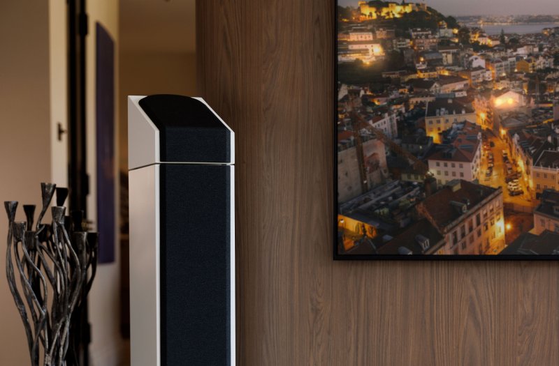 Monitor Audio Silver AMS 8G Atmos Speakers Satin White (Pair) - shown on a Silver Series floorstander with grille fitted