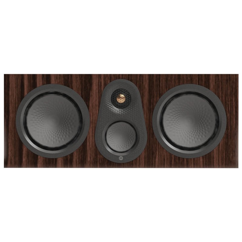 Monitor Audio Silver Centre 8G European Walnut, front view showing twin 6-inch bass drivers, 3-inch midrange and Gold Dome tweeter