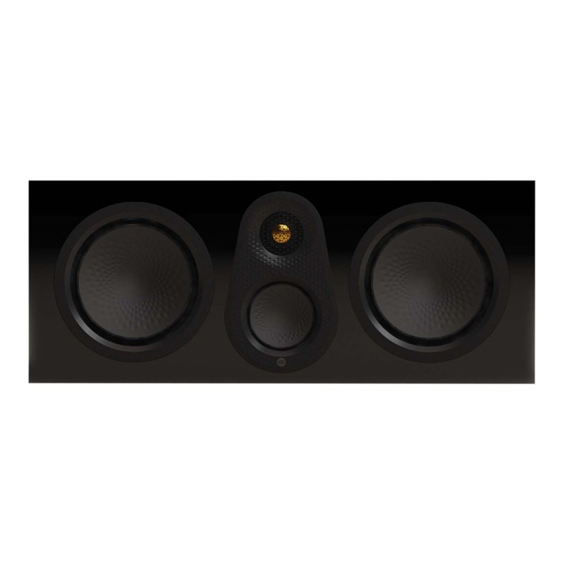 Monitor Audio Silver Centre 8G High Gloss Black, front view showing twin 6-inch bass drivers, 3-inch midrange and Gold Dome tweeter