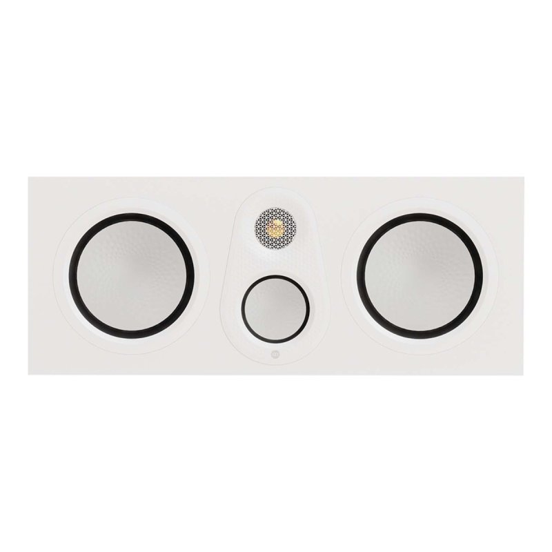 Monitor Audio Silver Centre 8G Satin White, front view showing twin 6-inch bass drivers, 3-inch midrange and Gold Dome tweeter