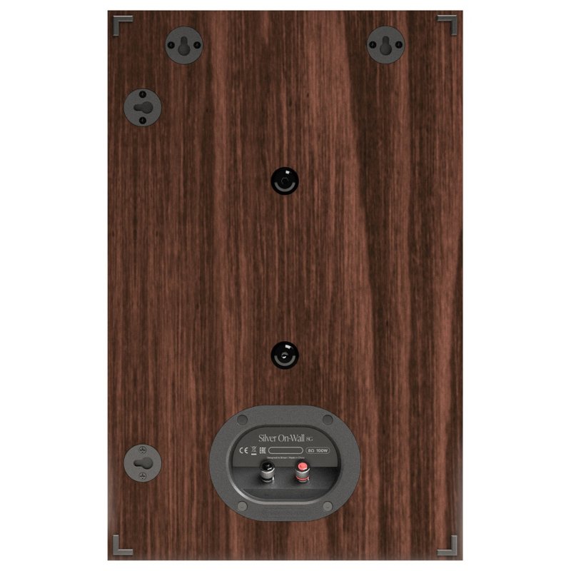 Monitor Audio Silver On-Wall 8G European Walnut, rear panel with keyhole mounts and binding posts