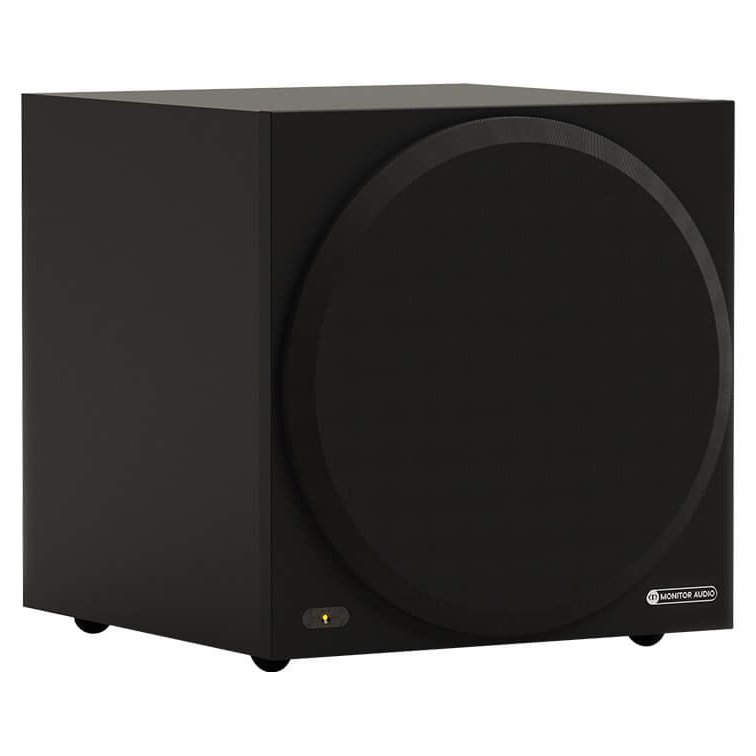 Monitor Audio Vestra W10 Subwoofer Matte Black, angled view with grille