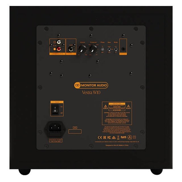 Monitor Audio Vestra W10 Subwoofer Matte Black, rear panel with controls and inputs